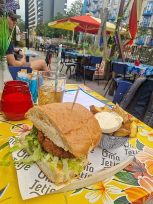 Quinoa burger, French fries with vegan mayo and ginger lemonade at Oma Ietje in Amsterdam