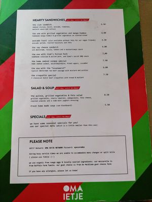 Menu at Oma Ietje in Amsterdam