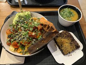 Vege bolo with waffle and avocado, soup, and dessert at Silex & Fourchette in Toulouse