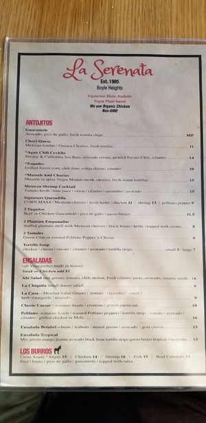 Side one of the menu for veg peeps! at La Serenata Restaurant in West Los Angeles