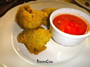 Vegan bada (lentil croquette) served with tomato sauce. Yum!  at Bibliothe in Rome