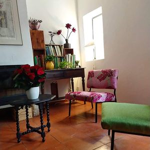 Cozy up around the fireplace while reading about organic agriculture and permaculture. at TerrAzoia in Colares