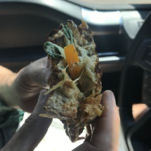 Inside the vegan panini with cashew cheeze at Down to Earth in Fort Nelson