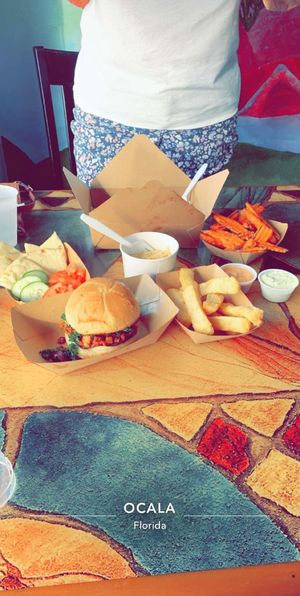 hummus app, BBQ jack, sweet potato fries and yucca fries. my Nan got the chili lime fajita tacos at The Dragonfly in Ocala