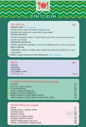 Menu at Joy in Candolim