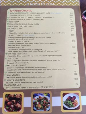 Menu at Joy in Candolim