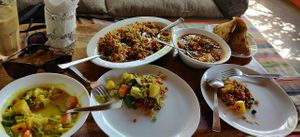 Thai coconut curry, fried rice, peas and potato curry at Joy in Candolim