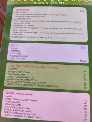 Menu at Joy in Candolim