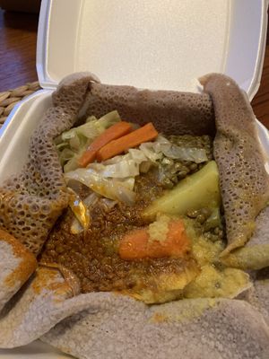 Veggie combo with fresh lentil misir wot  at Blue Nile in Victoria