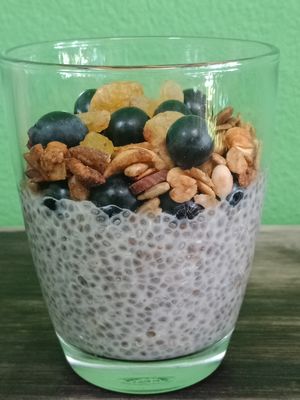 Chia seed + quinua pudding with home made granola. at Grandma's Garden in Pai