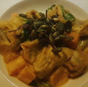 Vegan Spelt tortellini with pumpkin and spinach at Platform 61 in Dublin
