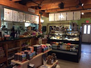 pastry case, coffee and smoothie counter at Freighthouse Market & Cafe in Lyndonville