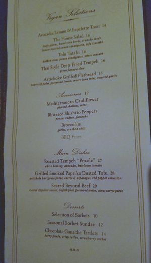 Vegan menu (Beauty & Essex) at Beauty & Essex in Las Vegas