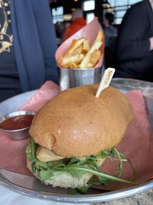 Vegan chick’n sandwich with fries  at Beertown Public House in Burlington