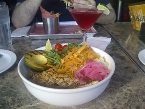 Vegan Yucatan Bowl with sesame tofu instead of the faux chicken and chipotle mayo instead of the the cider vinaigrette and a cosmopolitan to drink. at Beertown Public House in Burlington