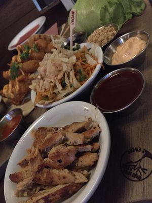 Vegan chicken lettuce wraps and faux tacos at Beertown Public House in Cambridge