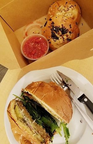 Coconut crusted chik'n sandwich; garlic knots with marinara at Kelley Farm Kitchen in Harpers Ferry