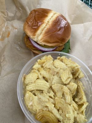 Firecracker Chik’n Sandwich with Baked Mac & Cheese side  at Kelley Farm Kitchen in Harpers Ferry