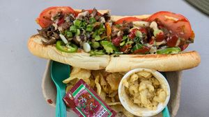 Philly with chips and mac. Best cheeze ste'k ever! Mayo, cracked black pepper, grilled seasoned seitan, onions, mushrooms, green peppers, tomato, & melted cheese. at Kelley Farm Kitchen in Harpers Ferry