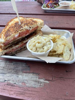 Sourdough patty melt with white cheddar mac and chips  at Kelley Farm Kitchen in Harpers Ferry