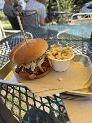 Bbq jackfruit sandwich with Mac and cheese.  Comes with chips but I didn’t want them.    at Kelley Farm Kitchen in Harpers Ferry