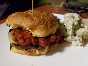 The Impossible Burger with kickin' chili and a side of potato salad. at Kelley Farm Kitchen in Harpers Ferry