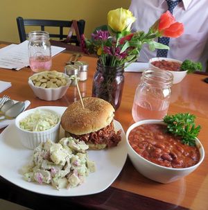 Jackfruit bbq with coleslaw and potato salad. Bowl of house made chili. at Kelley Farm Kitchen in Harpers Ferry
