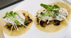 Gluten free jerk jackfruit tacos with sunflower microgreens  at Kelley Farm Kitchen in Harpers Ferry