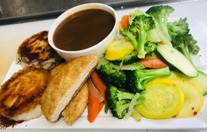 Japanese Katsu curry with potato cakes & chikn croquette at Kelley Farm Kitchen in Harpers Ferry