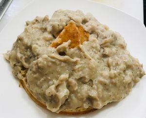 Chikn & waffle with “sausage” gravy  at Kelley Farm Kitchen in Harpers Ferry