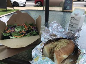 Brat with sauerkraut and side salad at Kelley Farm Kitchen in Harpers Ferry