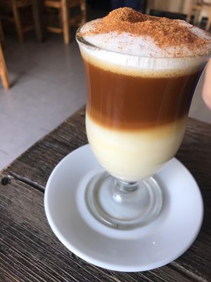 Cappucino, they have three different plant-based milks to choose from. at Sattvika Eco Panaderia in San Andres Cholula