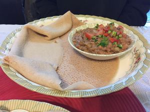 Crushed fava beans cooked with tomato, onion and garlic at Addis Abeba in Footscray