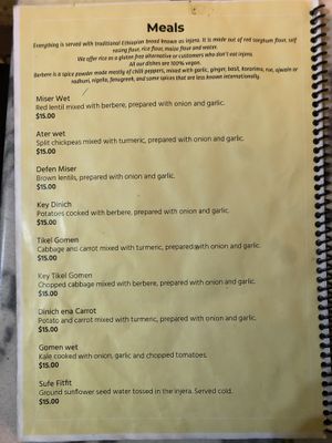 Menu mains Pg 1 at Addis Abeba in Footscray
