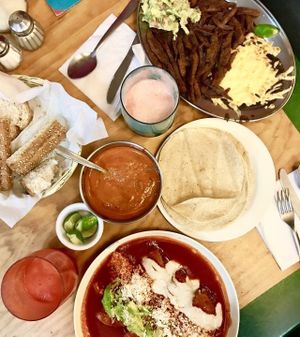 Enchiladas and Soy Carnitas. Beet & Strawberry Juice! Yum! at Yug in Mexico City
