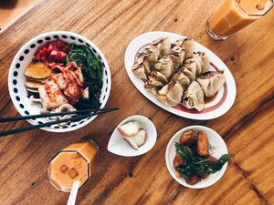 dumplings, rice bowl, deep fried lion’s mane at Rén Lǐ Jū 仁里居 - Yuli Your Home in Taipei
