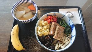 Toona sauce bowl as a set with wax gourd soup and banana cake (next picture) 290 NTD at Rén Lǐ Jū 仁里居 - Yuli Your Home in Taipei