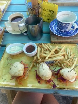 Frickin Chick’n sliders and fries!  at Lemonwood Eatery in Okato