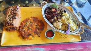 Corn fritter, Sausage roll, Quinoa & Potato salads...Wonderful! at Lemonwood Eatery in Okato
