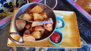 Triple fried potato chunks & dipping sauces. Yum! at Lemonwood Eatery in Okato