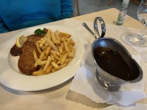 Soja schnitzel with delicious sauce  at Ulis Schlemmertreff in Baden Baden