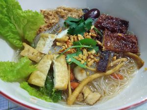 Vegan Duck Rice Noodles Herbal Soup at Buddha Heart Vegan Cuisine in Medan