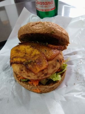 Veggie burger with carrot bacon at Burger Plus in Sao Paulo