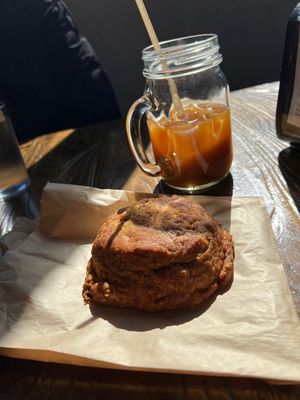 Apple Butter Biscuit (vegan) and iced coffee with oat milk   at Grass Roots Kitchen in Tarrytown