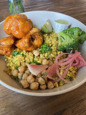 Buffalo Cauliflower Bowl with Grains  at Grass Roots Kitchen in Tarrytown