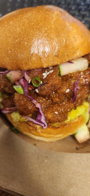 Garlic Vegan Chicken with Red Cabbage, Green Onion,Avocado Cilantro Aioli. Chicken is Soy Curls at Grass Roots Kitchen in Tarrytown