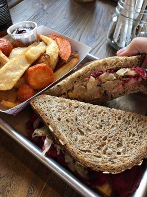 Vegan Ruben called the “Ruby” with root fries at Grass Roots Kitchen in Tarrytown