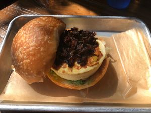 Vegan “egg” sandwich with avocado and mushroom “bacon” at Grass Roots Kitchen in Tarrytown