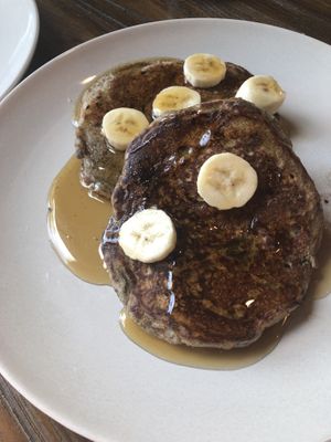 Blueberry vegan pancakes with bananas  at Grass Roots Kitchen in Tarrytown