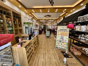 View inside the restaurant with the front section selling various vegan/vegetarian supplies  at Bo De Quan in My Tho